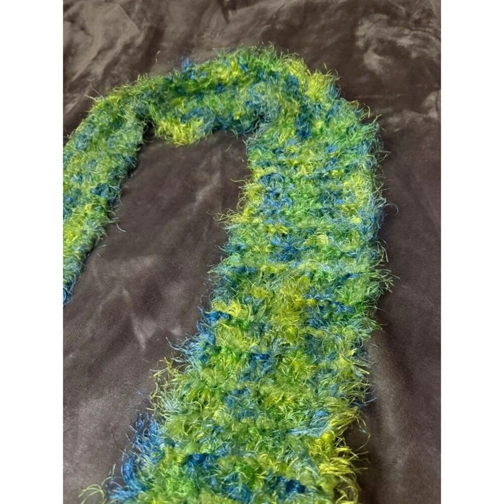 Handmade Fuzzy Crochet Scarf Lime Green Blue Y2K Fairy Grunge Dopamine Eyelash - Picture 5 of 7